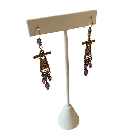 Delicate Looking Antiqued Gold & Purple Stone Drop Earrings. - Picture 3 of 5